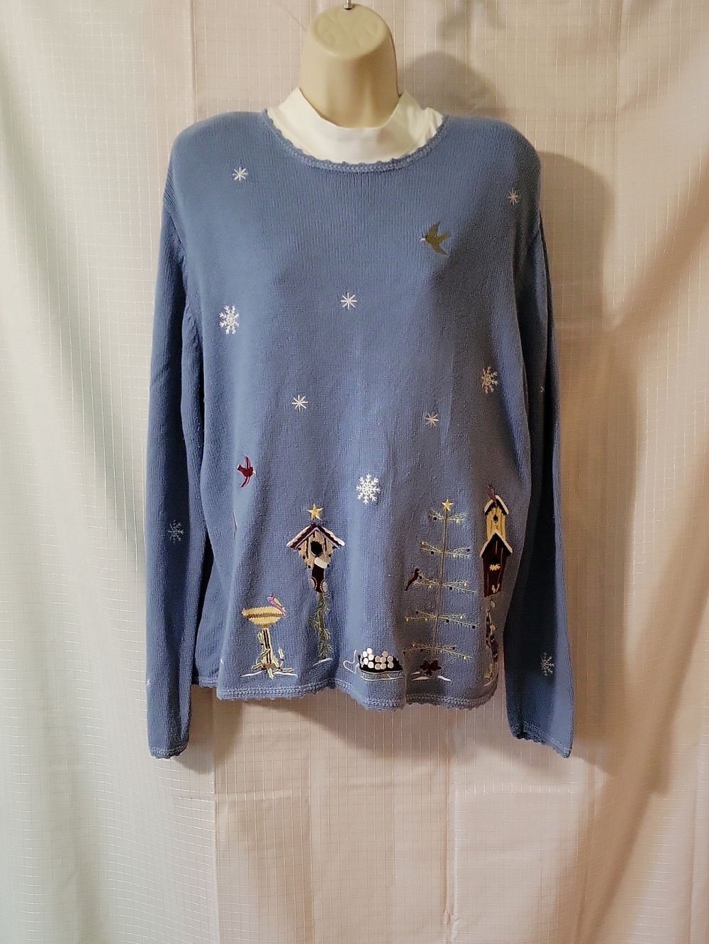 Christopher & Banks Periwinkle Blue Embroidered Birdhouse Sweater, Size XL